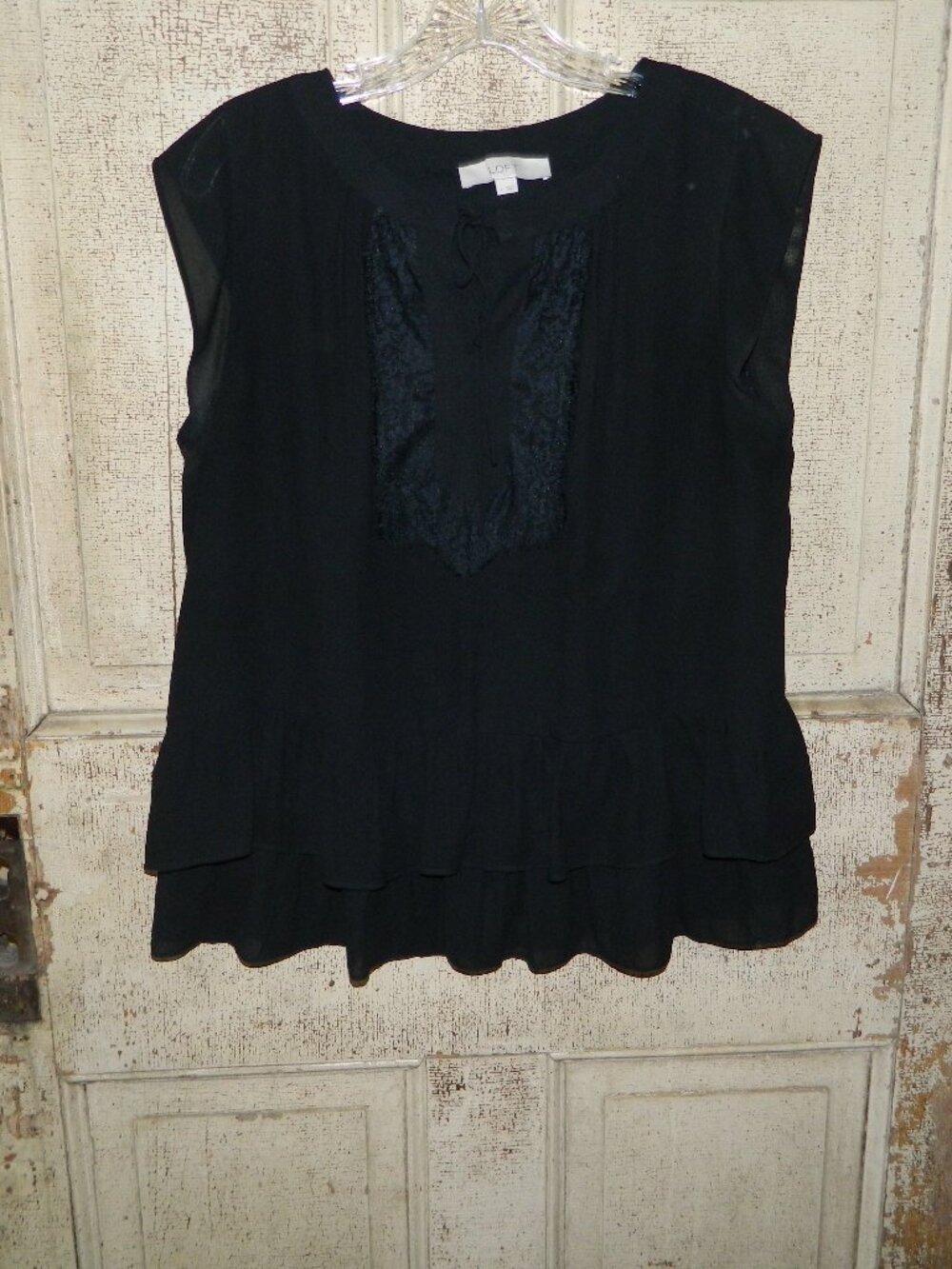 LOFT Black Ruffled Tie Front Blouse Sz L (WW-21)